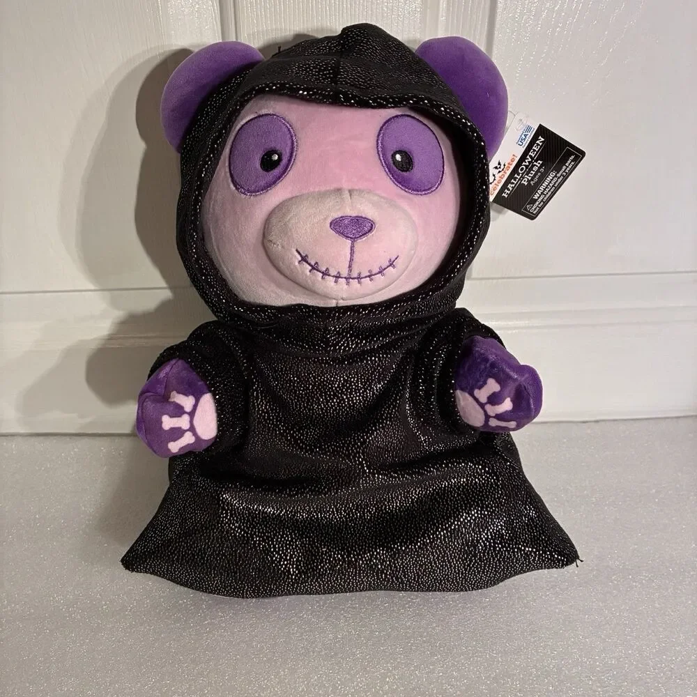 Halloween Purple Panda Reaper Plush Toy Wearing Black Sparkled Hooded Robe. New